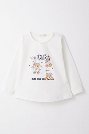 Breeze Kız Bebek Taytlı Takım Sevimli Dostlar Temalı Ayıcık Baskılı 9 Ay-3 Yaş, Beyaz