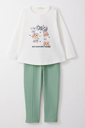 Breeze Kız Bebek Taytlı Takım Sevimli Dostlar Temalı Ayıcık Baskılı 9 Ay-3 Yaş, Beyaz