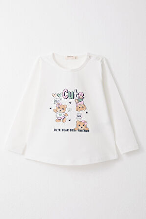 Breeze Kız Bebek Taytlı Takım Sevimli Dostlar Temalı Ayıcık Baskılı 9 Ay-3 Yaş, Beyaz