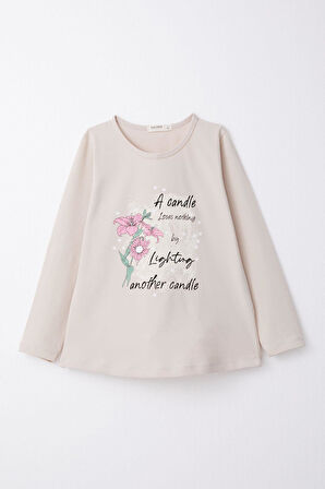 Breeze Kız Çocuk Taytlı Takım Yazı & Çiçek Baskılı 6-10 Yaş, Bej