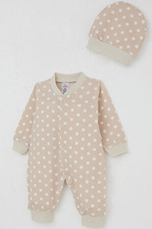 Breeze Erkek Bebek Tulum Çizgili Puantiye Desenli 0-6 Ay, Bej