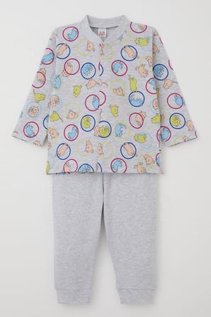 Breeze Erkek Bebek Pijama Takımı Hareketli Kedicik Desenli 4 Ay-1 Yaş, Gri Melanj