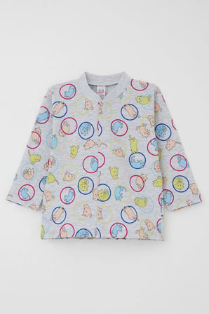 Breeze Erkek Bebek Pijama Takımı Hareketli Kedicik Desenli 4 Ay-1 Yaş, Gri Melanj