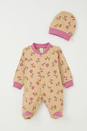 Breeze Kız Bebek Patikli Tulum Çiçek Desenli 0-6 Ay, Açık Kahverengi