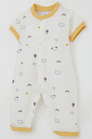 Breeze Erkek Bebek Kısa Kollu Tulum Gökyüzü Temalı Hayvancık Desenli 0-6 Ay, Ekru