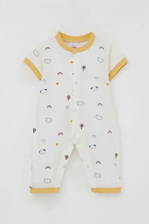 Breeze Erkek Bebek Kısa Kollu Tulum Gökyüzü Temalı Hayvancık Desenli 0-6 Ay, Ekru