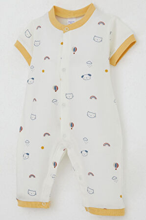 Breeze Erkek Bebek Kısa Kollu Tulum Gökyüzü Temalı Hayvancık Desenli 0-6 Ay, Ekru