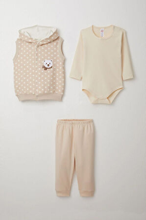 Breeze Erkek Bebek Zıbınlı 3 Lü Takım Sevimli Ayıcık Nakışlı Kapüşonlu 4 Ay-1 Yaş, Bej