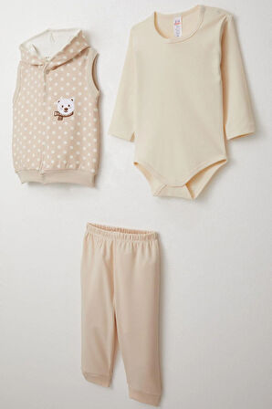 Breeze Erkek Bebek Zıbınlı 3 Lü Takım Sevimli Ayıcık Nakışlı Kapüşonlu 4 Ay-1 Yaş, Bej