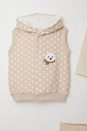 Breeze Erkek Bebek Zıbınlı 3 Lü Takım Sevimli Ayıcık Nakışlı Kapüşonlu 4 Ay-1 Yaş, Bej