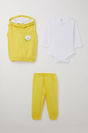 Breeze Erkek Bebek Zıbınlı 3 Lü Takım Sevimli Ayıcık Nakışlı Kapüşonlu 4 Ay-1 Yaş, Sarı