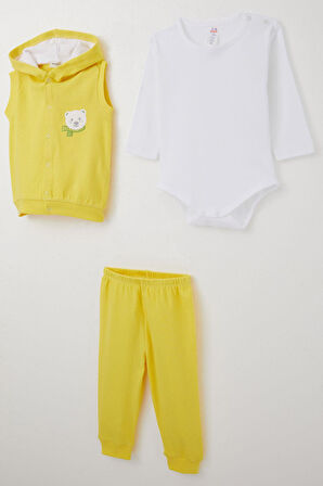 Breeze Erkek Bebek Zıbınlı 3 Lü Takım Sevimli Ayıcık Nakışlı Kapüşonlu 4 Ay-1 Yaş, Sarı