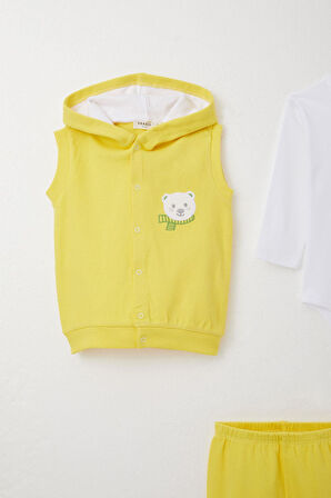Breeze Erkek Bebek Zıbınlı 3 Lü Takım Sevimli Ayıcık Nakışlı Kapüşonlu 4 Ay-1 Yaş, Sarı