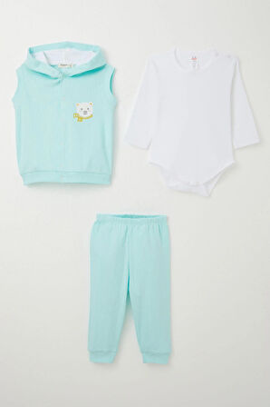Breeze Erkek Bebek Zıbınlı 3 Lü Takım Sevimli Ayıcık Nakışlı Kapüşonlu 4 Ay-1 Yaş, Açık Mavi