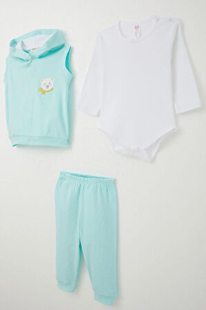 Breeze Erkek Bebek Zıbınlı 3 Lü Takım Sevimli Ayıcık Nakışlı Kapüşonlu 4 Ay-1 Yaş, Açık Mavi