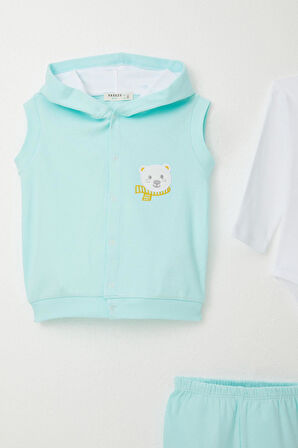 Breeze Erkek Bebek Zıbınlı 3 Lü Takım Sevimli Ayıcık Nakışlı Kapüşonlu 4 Ay-1 Yaş, Açık Mavi