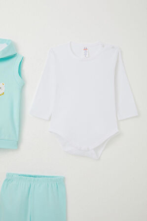 Breeze Erkek Bebek Zıbınlı 3 Lü Takım Sevimli Ayıcık Nakışlı Kapüşonlu 4 Ay-1 Yaş, Açık Mavi