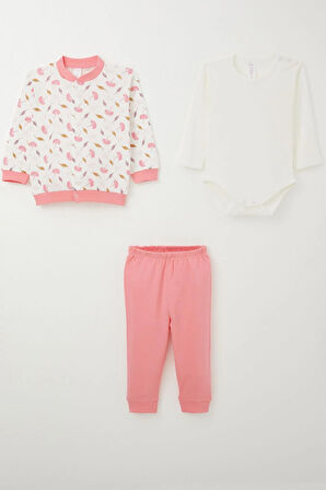 Breeze Kız Bebek Zıbınlı 3 Lü Takım Çiçek Desenli 4 Ay-1 Yaş, Beyaz