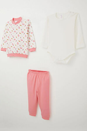 Breeze Kız Bebek Zıbınlı 3 Lü Takım Çiçek Desenli 4 Ay-1 Yaş, Beyaz