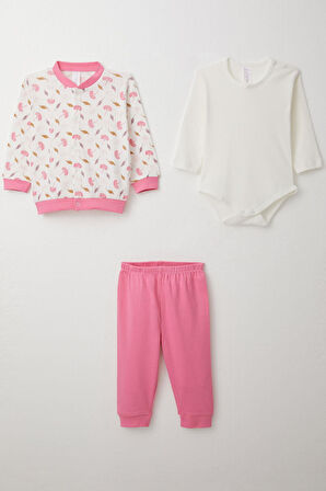 Breeze Kız Bebek Zıbınlı 3 Lü Takım Çiçek Desenli 4 Ay-1 Yaş, Beyaz