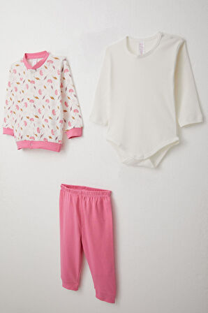 Breeze Kız Bebek Zıbınlı 3 Lü Takım Çiçek Desenli 4 Ay-1 Yaş, Beyaz