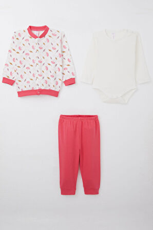 Breeze Kız Bebek Zıbınlı 3 Lü Takım Çiçek Desenli 4 Ay-1 Yaş, Beyaz