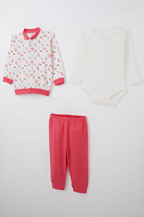 Breeze Kız Bebek Zıbınlı 3 Lü Takım Çiçek Desenli 4 Ay-1 Yaş, Beyaz