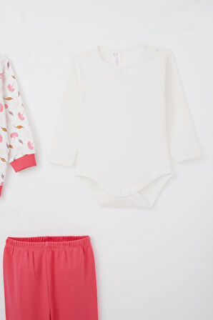 Breeze Kız Bebek Zıbınlı 3 Lü Takım Çiçek Desenli 4 Ay-1 Yaş, Beyaz