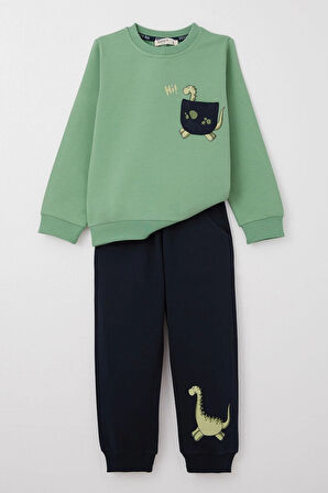 Breeze Erkek Çocuk Eşofman Takım Sevimli Dinozor Baskılı 1-4 Yaş, Mint Yeşili