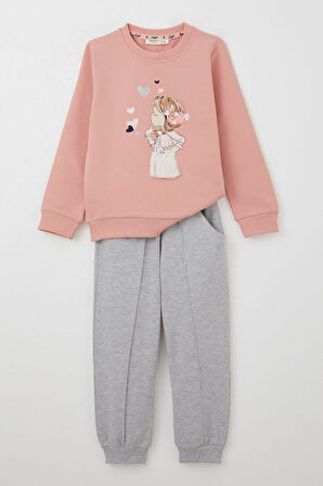 Breeze Kız Çocuk Eşofman Takım Düşünceli Kız Baskılı 2-6 Yaş, Gülkurusu