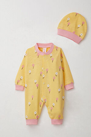 Breeze Kız Bebek Tulum Renkli Çiçek Desenli 0-6 Ay, Sarı
