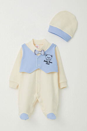 Breeze Erkek Bebek Patikli Tulum Sabit Papyonlu Yelekli 0-6 Ay, Krem