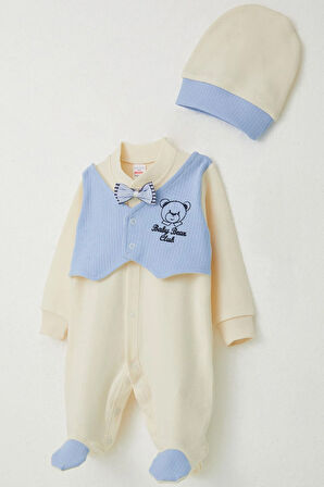 Breeze Erkek Bebek Patikli Tulum Sabit Papyonlu Yelekli 0-6 Ay, Krem