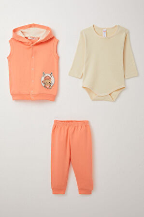 Breeze Erkek Bebek Zıbınlı 3 Lü Takım Sevimli Tavşancık Armalı 4 Ay-1 Yaş, Somon
