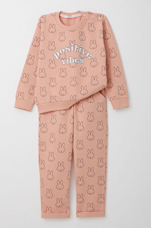 Breeze Kız Çocuk Eşofman Takım Sevimli Tavşancık Desenli 1-4 Yaş, Somon