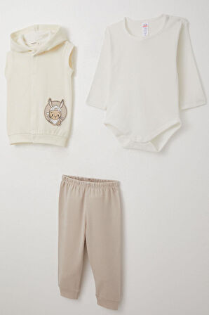 Breeze Erkek Bebek Zıbınlı 3 Lü Takım Sevimli Tavşancık Armalı 4 Ay-1 Yaş, Ekru