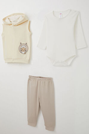 Breeze Erkek Bebek Zıbınlı 3 Lü Takım Sevimli Tavşancık Armalı 4 Ay-1 Yaş, Krem