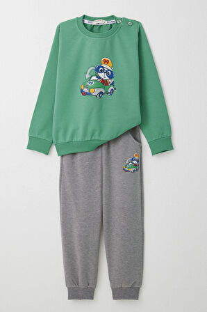 Breeze Erkek Bebek Eşofman Takım Yarışçı Ayıcık Baskılı 9 Ay-3 Yaş, Mint Yeşili