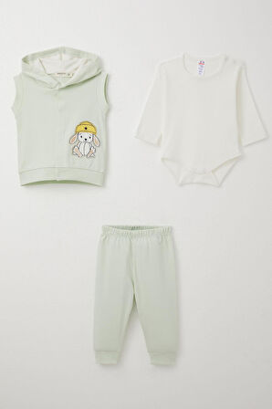 Breeze Erkek Bebek Zıbınlı 3 Lü Takım Sevimli Şapkalı Köpekçik Nakışlı 4 Ay-1 Yaş, Su Yeşili