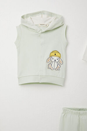 Breeze Erkek Bebek Zıbınlı 3 Lü Takım Sevimli Şapkalı Köpekçik Nakışlı 4 Ay-1 Yaş, Su Yeşili