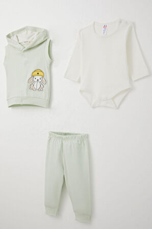 Breeze Erkek Bebek Zıbınlı 3 Lü Takım Sevimli Şapkalı Köpekçik Nakışlı 4 Ay-1 Yaş, Su Yeşili