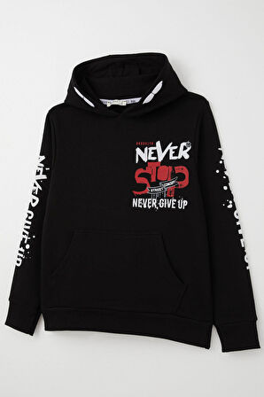 Breeze Erkek Çocuk Sweatshirt Kanguru Cepli Kapüşonlu 9-16 Yaş, Siyah