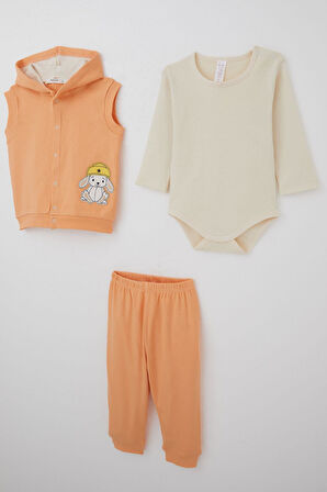 Breeze Kız Bebek Zıbınlı 3 Lü Takım Sevimli Şapkalı Köpekçik Nakışlı 4 Ay-1 Yaş, Somon