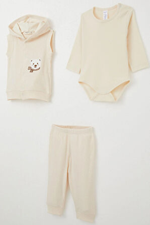 Breeze Erkek Bebek Zıbınlı 3 Lü Takım Sevimli Ayıcık Nakışlı Kapüşonlu 4 Ay-1 Yaş, Krem