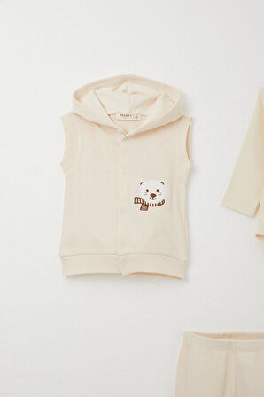 Breeze Erkek Bebek Zıbınlı 3 Lü Takım Sevimli Ayıcık Nakışlı Kapüşonlu 4 Ay-1 Yaş, Krem