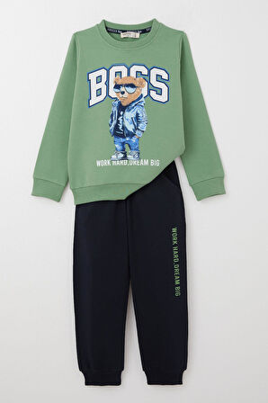 Breeze Erkek Çocuk Eşofman Takım Havalı Ayıcık Baskılı 3-8 Yaş, Mint Yeşili