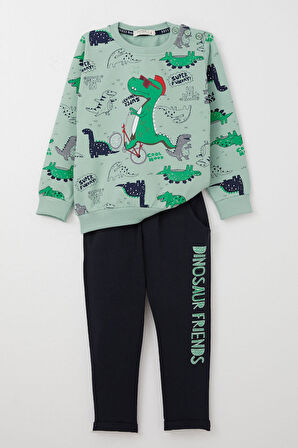 Breeze Erkek Bebek Eşofman Takımı Dinozor Baskılı 9 Ay-3 Yaş, Su Yeşili