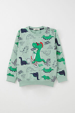 Breeze Erkek Bebek Eşofman Takımı Dinozor Baskılı 9 Ay-3 Yaş, Su Yeşili