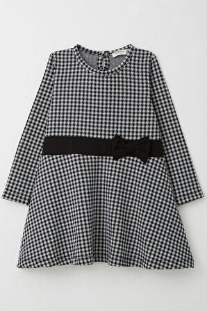 Breeze Kız Çocuk Uzun Kollu Elbise Kaz Ayağı Desenli Fiyonklu 3-8 Yaş, Siyah