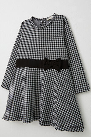 Breeze Kız Çocuk Uzun Kollu Elbise Kaz Ayağı Desenli Fiyonklu 3-8 Yaş, Siyah